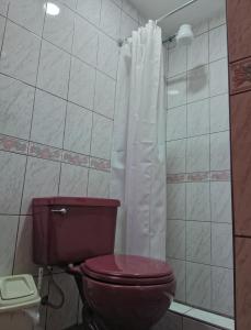 un baño con inodoro y ducha en Hostel Tupac Yupanqui House, en Cusco