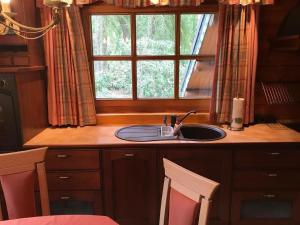 a kitchen counter with a sink and a window at Schönes Ferienhaus in Schmiedeberger Weinberge mit Terrasse und Grill in Bad Schmiedeberg