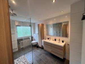 a bathroom with a sink and a shower and a toilet at Ferienwohnung Eifelliebe in Bitburg +22 photos