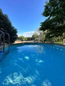 a large swimming pool with blue water in a park at Bungalow GOLOSINA in Torrelaguna