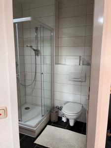 a bathroom with a glass shower and a toilet at Five O - FeelGood -Apartment Schiller in Perleberg