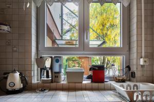 eine Küche mit zwei Fenstern und einem Waschbecken darin in der Unterkunft Ferienresidenz Gartentraum Titisee in Titisee