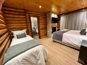 a bedroom with two beds in a log cabin at Pousada Maple Monte Verde in Monte Verde