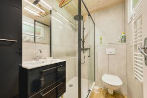 un bagno con wc, lavandino e doccia di Chalet pour 6 avec terrasse - 400m des pistes a Val-Louron