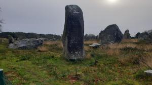 a large stone pillar in a field with rocks at mobil home carnac in Carnac