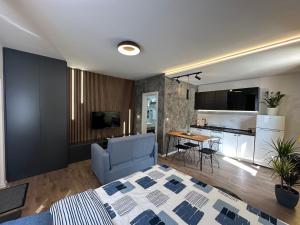 a living room with a blue couch and a kitchen at Central studio apartment in Mojkovac