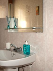 a bathroom sink with a bottle of soap on it at Casa con patio en Nueva de Llanes - El Churru in Nueva de Llanes