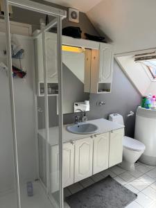 a bathroom with a sink and a toilet at Spacious and central apartment I 250m from Bryggen in Bergen +11 photos