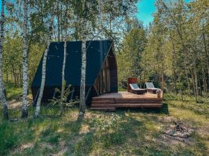 a cabin in the woods with a deck and chairs at Unique Tiny House in Countryside in Külaaseme