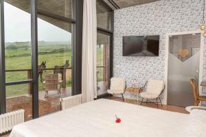 een slaapkamer met een bed en een raam met uitzicht bij Suites Niditas in Yuso