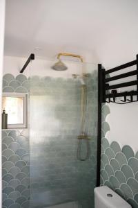 a bathroom with a glass shower with a toilet at Les Pierres Mont-Saint-Michel in Servon