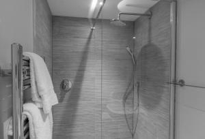 une salle de bain avec une douche avec une porte vitrée dans l'établissement Dipper Cottage Upperdale Peak District, à Buxton 2 autres photos