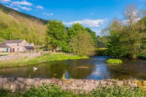 une rivière avec un oiseau dans l'eau dans l'établissement Heron Cottage Upperdale Peak District, à Buxton 2 autres photos
