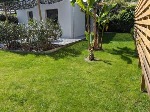 ogród z dwoma drzewami w trawie w obiekcie Jolie petite maison w mieście Sanguinet