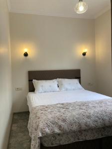 a bedroom with a large white bed with two pillows at 8 mountains Cottage near Chakvi in Gorgadzeebi