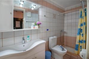 a bathroom with a sink and a toilet and a mirror at Katia Apartments in Gaios