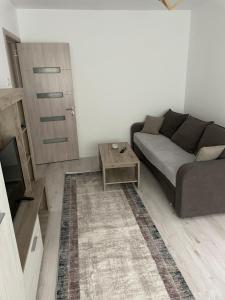 a living room with a couch and a coffee table at Apartament Wave in Constanţa