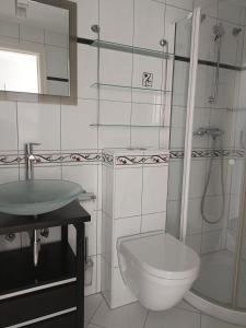 een badkamer met toilet, douche en wastafel bij Dúplex Jardines de Denia I in Denia +13 foto's