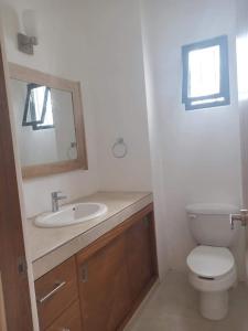 ein Badezimmer mit Waschbecken, Toilette und Spiegel in der Unterkunft Casa Cecilia in Cozumel + 13 Fotos