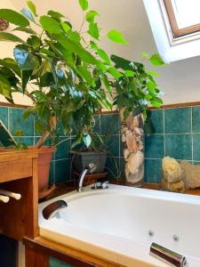 a bathroom with a white bath tub with potted plants at Refuge Raffiné - 2 Salons, Double Jacuzzi, Jardin in Chatou +156 photos