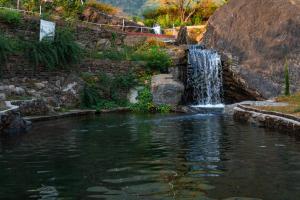 a waterfall in a garden with a pool of water at Hill Ventures - Swiss Glamping with Adventure Activities in Dharamshala