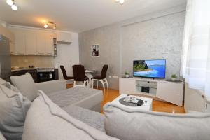 Una sala de estar con un sofá y un televisor en Golden Royal M, en Kragujevac 9 fotos más