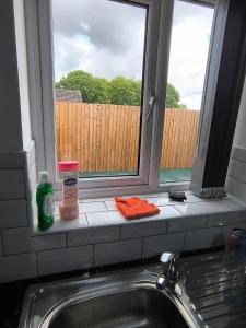 a window in a kitchen with a sink and cleaning products at Spacious Full Home - Perfect for Families & Groups in Oldbury