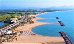フレジュスにあるAppartement Bord de Mer Saint Aygulfのヤシの木と海のあるビーチの航空写真 +2枚の写真
