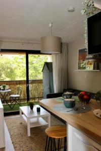 a kitchen and living room with a view of a yard at Le Petit Moulin in Gradignan +6 photos