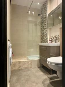 a bathroom with a shower and a toilet and a sink at Le Petit Moulin in Gradignan