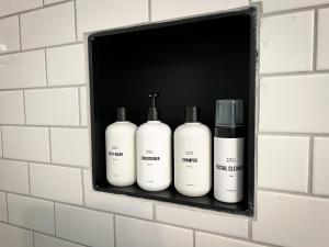 a shelf with four shampoo bottles on a wall at The Hickory House with Firepit- Boat Ramp Access to Cedar Creek Lake in Tool