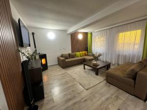 a living room with two couches and a tv at Cabana Sky High in Ranca