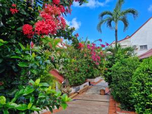 a garden with flowers and plants on a wooden walkway at Joli appartement entier sur jardin avec salle d'eau et chambre indépendantes et cuisine équipée in Marigot