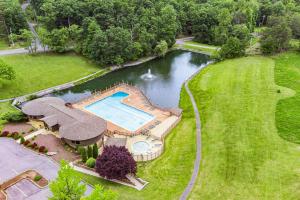 une vue aérienne d'un étang avec une piscine dans l'établissement Chalet w Hot Tub Deck Fire Pit Wifi Resort Fun, à Hedgesville