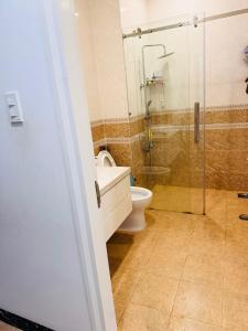 胡志明市Homestay Phu Dinh District 8的浴室配有马桶和玻璃淋浴房 更多2张照片