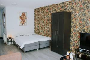 a bedroom with a bed and a cabinet and a tv at Luxe studiomuseumgebiedEftelingUvT in Tilburg