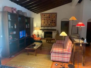 een woonkamer met een bank en een open haard bij The S House - Santo Estêvão in Santo Estêvão