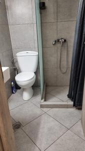 a bathroom with a toilet and a shower at G-House Skiathos in Skiathos +39 photos