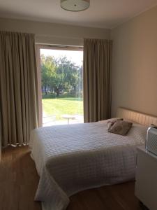 een slaapkamer met een bed en een groot raam bij Pärnu Apartment in Pärnu