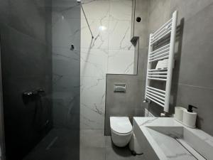 a bathroom with a shower and a toilet and a sink at Gigi Apartment by eluxory in Skopje