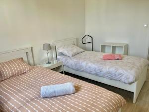 a bedroom with two beds and a pillow on the floor at Appartement près de la mer in Larmor-Plage