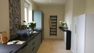 a kitchen with a black counter and a refrigerator at Maison d'hôtes Café Bulle in Jonquery +26 photos