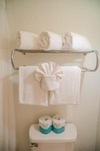 サウス・パドレ・アイランドにあるPelicans Perch Charming 1BR Near Beach with Patio 160のトイレの上の棚にタオル付きのバスルーム