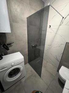 a washing machine in a bathroom with a shower at Gigi Apartment by eluxory in Skopje