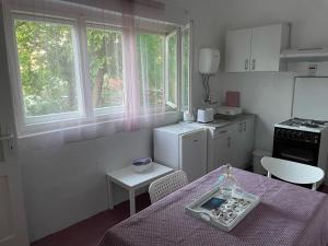 a kitchen with a table with a purple table cloth at Apartmani Komoč in Novi Bečej