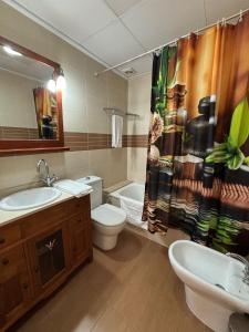 a bathroom with a sink and a toilet and a shower curtain at Miramar in Almazora +22 photos