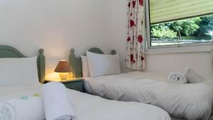 zwei Betten in einem Zimmer mit Fenster in der Unterkunft Ta Mill Cottages & Lodges - Meadowview Chalet 2 in Launceston