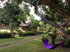 a purple hammock hanging from a tree in front of a house at Yang Tone Farm Stay in Chiang Dao