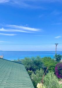 a green roof with the ocean in the background at Chalet Ambel in Dhërmi