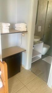 a bathroom with a sink and a toilet and a mirror at Chalet Ambel in Dhërmi